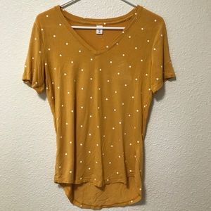 Yellow v neck with white polka dots